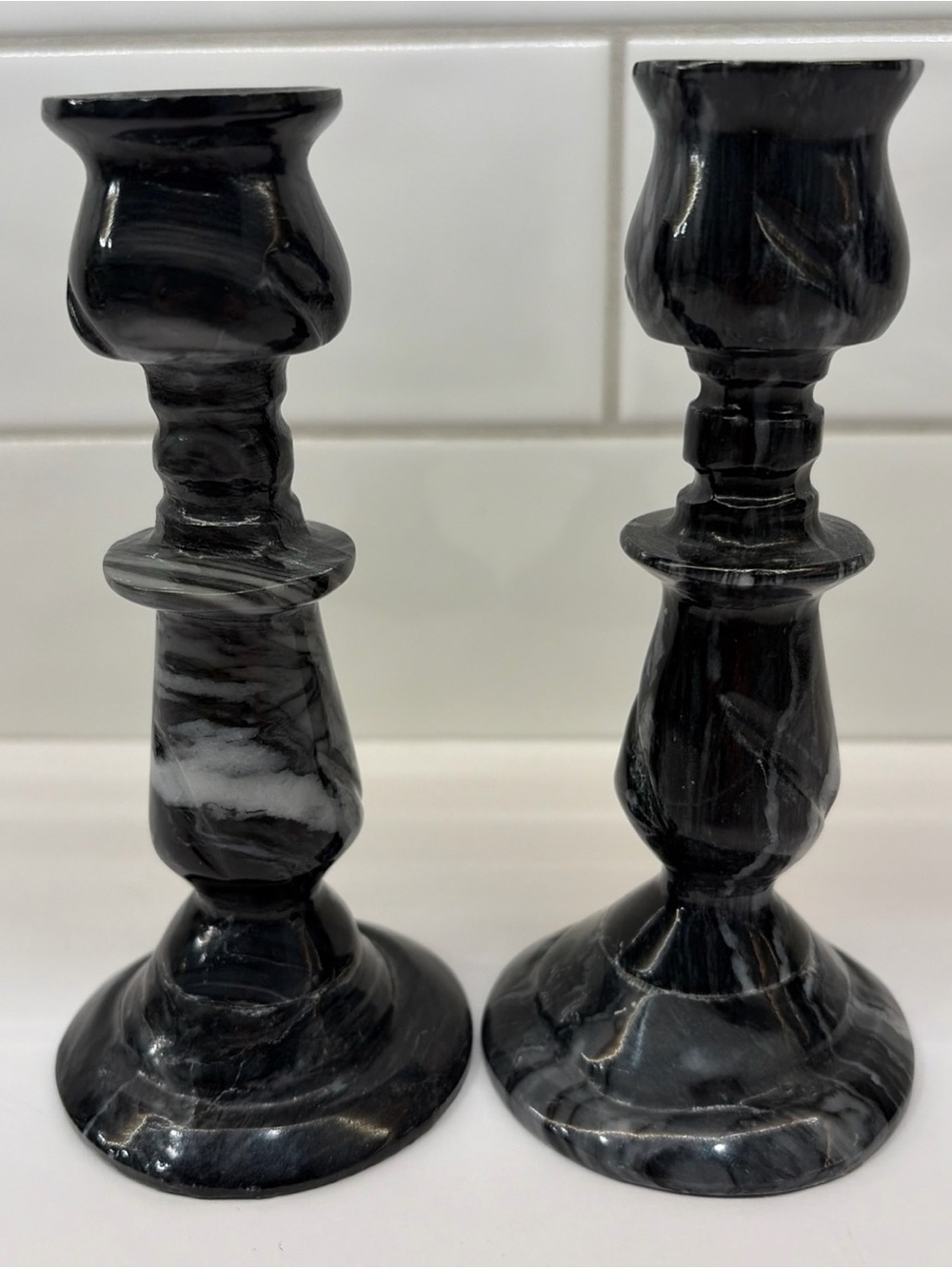 A Pair Of Vintage Black and White Marble Taper Dinner Candle Candlestick Holders